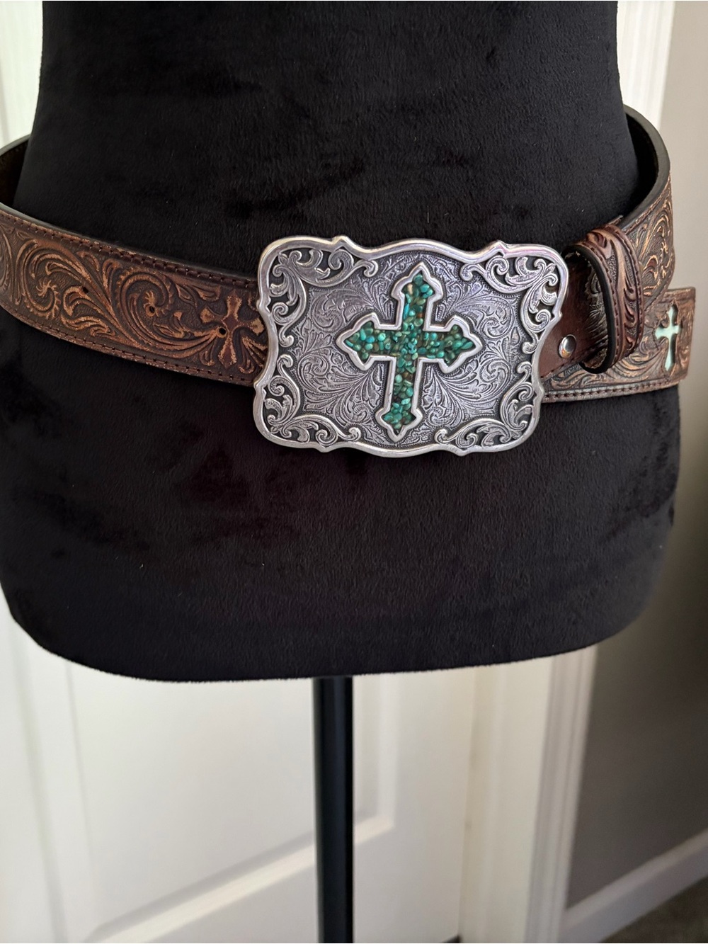 Nocona Brown Tooled Leather Belt with Silver-Tone Buckle and Turquoise Cross